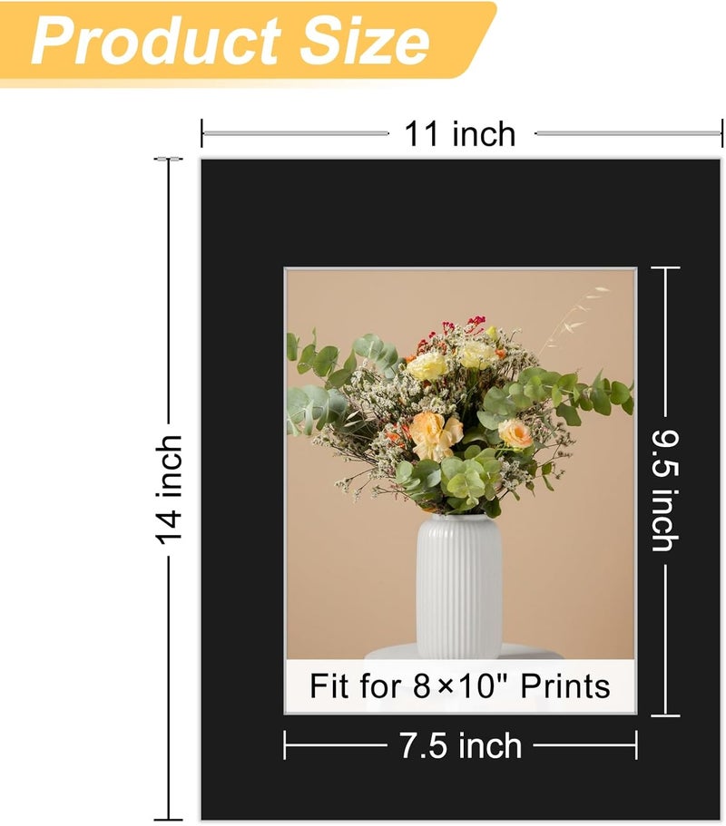 Phinus Store 8 Pack Picture Mats for Frames, Acid Free 11x14 Matted to 8x10, Picture Frame Mats for Pictures, Watercolor, Artwork and Prints (Black) - Image 2
